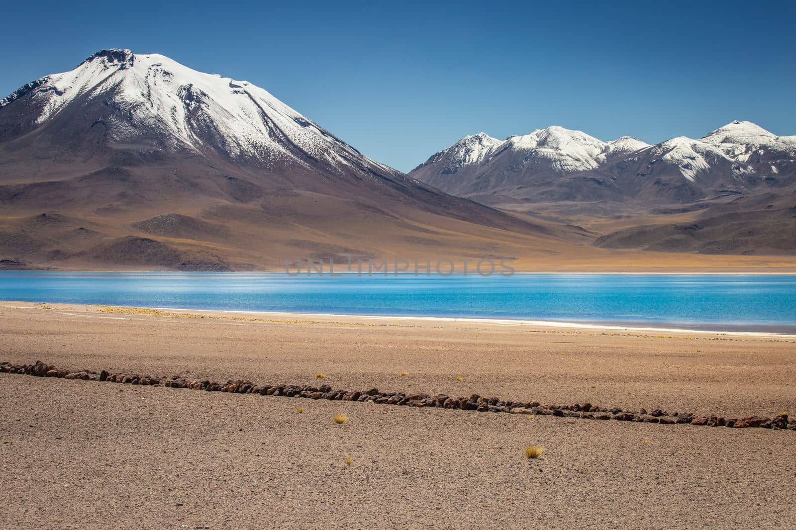 Salt lake Laguna Miscanti, and idyllic volcanic landscape at sunrise, Atacama desert, Chile border with Bolivia