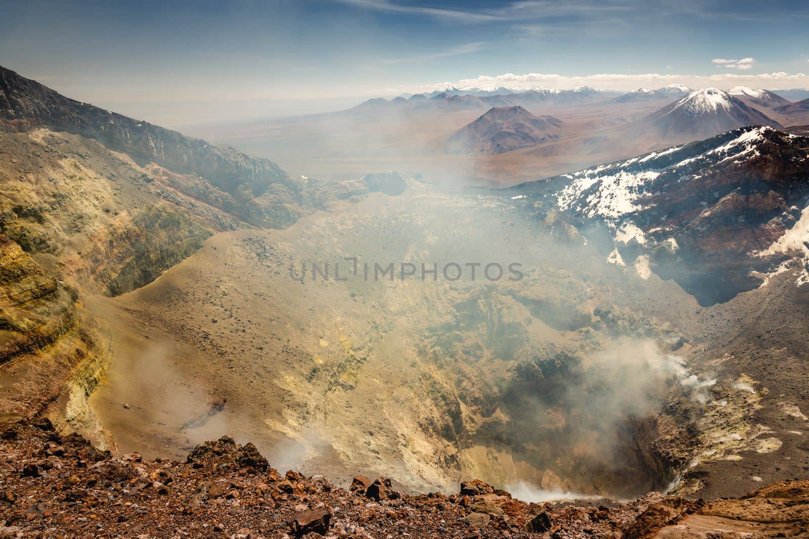Lascar Volcano in Atacama Desert dramatic volcanic landscape at Sunset, Northern Chile, South America
