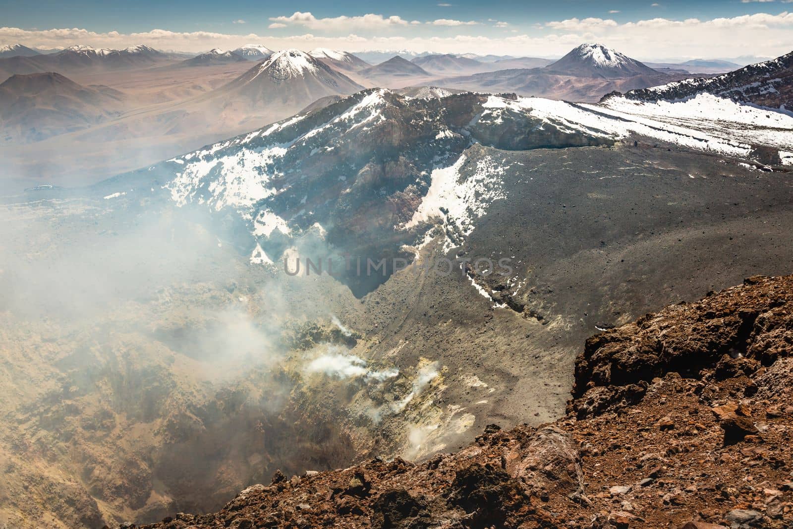 Lascar Volcano in Atacama Desert dramatic volcanic landscape at Sunset, Northern Chile, South America