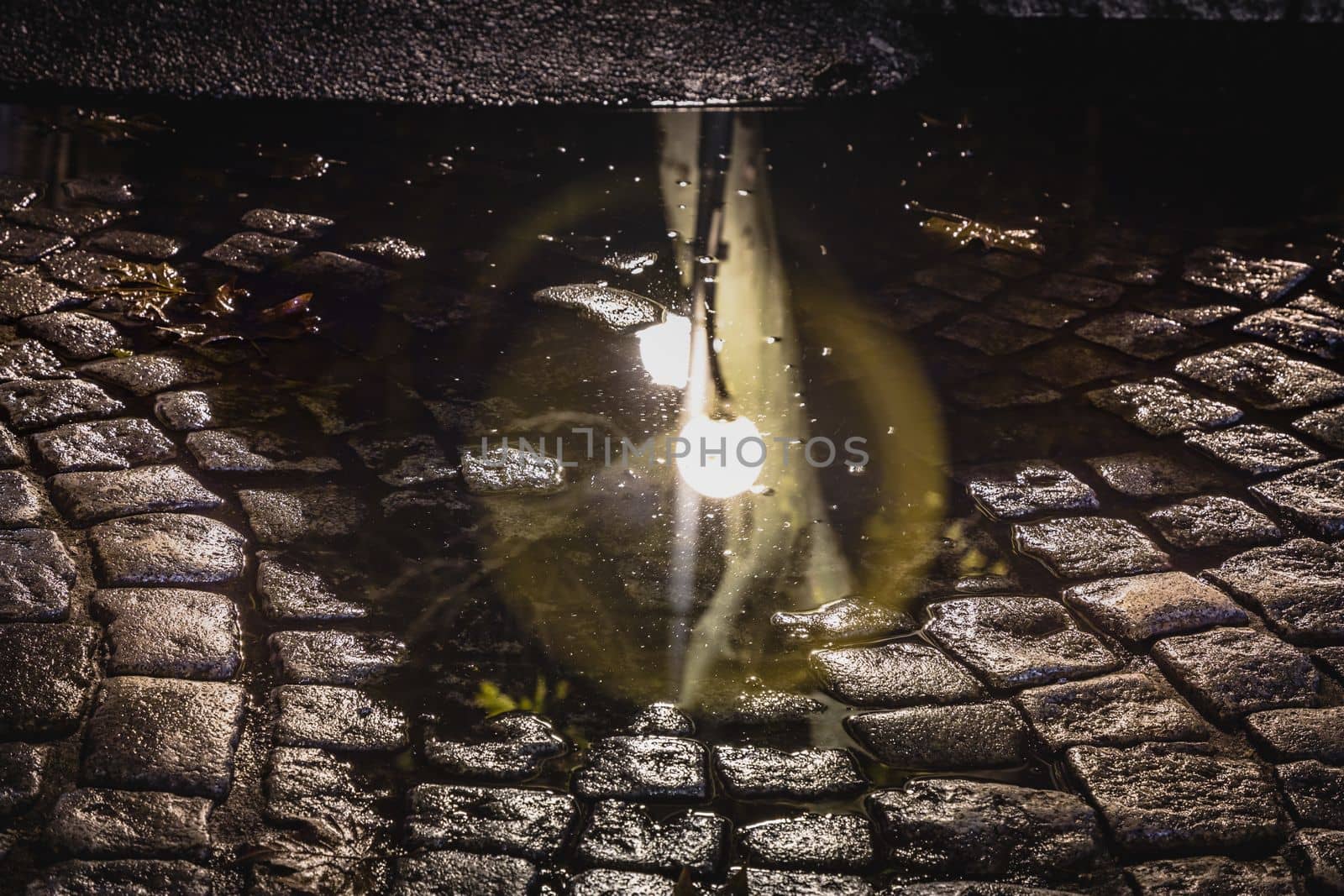 Vilnius old town street, puddle reflection illuminated at night, Lithuania, Baltic countries