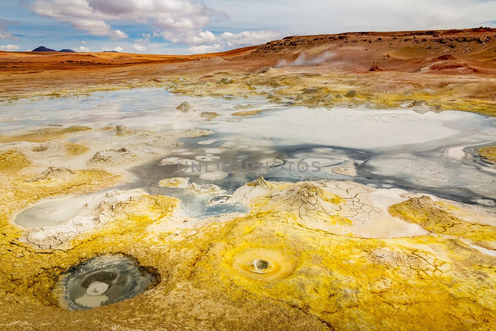 Morning Sun Geysers at the Altiplano of Potosi Region, Bolivia, South America
