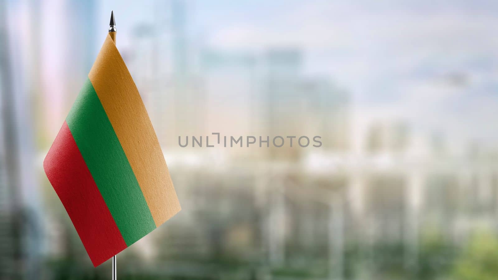 A small Lithuania flag on an abstract blurry background by butenkow