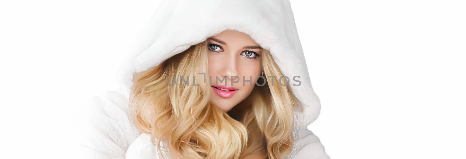 Beautiful woman in white fur coat, beauty and winter fashion by Anneleven