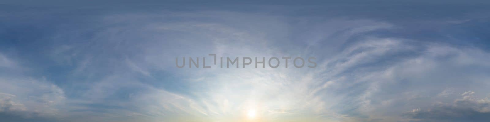 Dark blue sunset sky panorama with golden Cirrus clouds. Seamless hdr 360 panorama in spherical equirectangular format. Full zenith for 3D visualization, sky replacement for aerial drone panoramas. by panophotograph