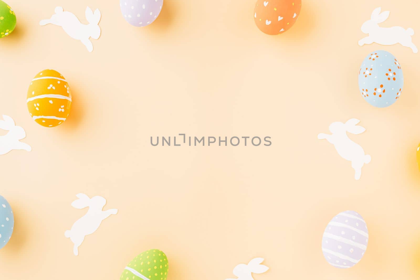 Easter eggs bunny and rabbit white paper cutting isolated on pastel background, Funny decoration, Festive composition banner web design holiday background, Happy Easter Day