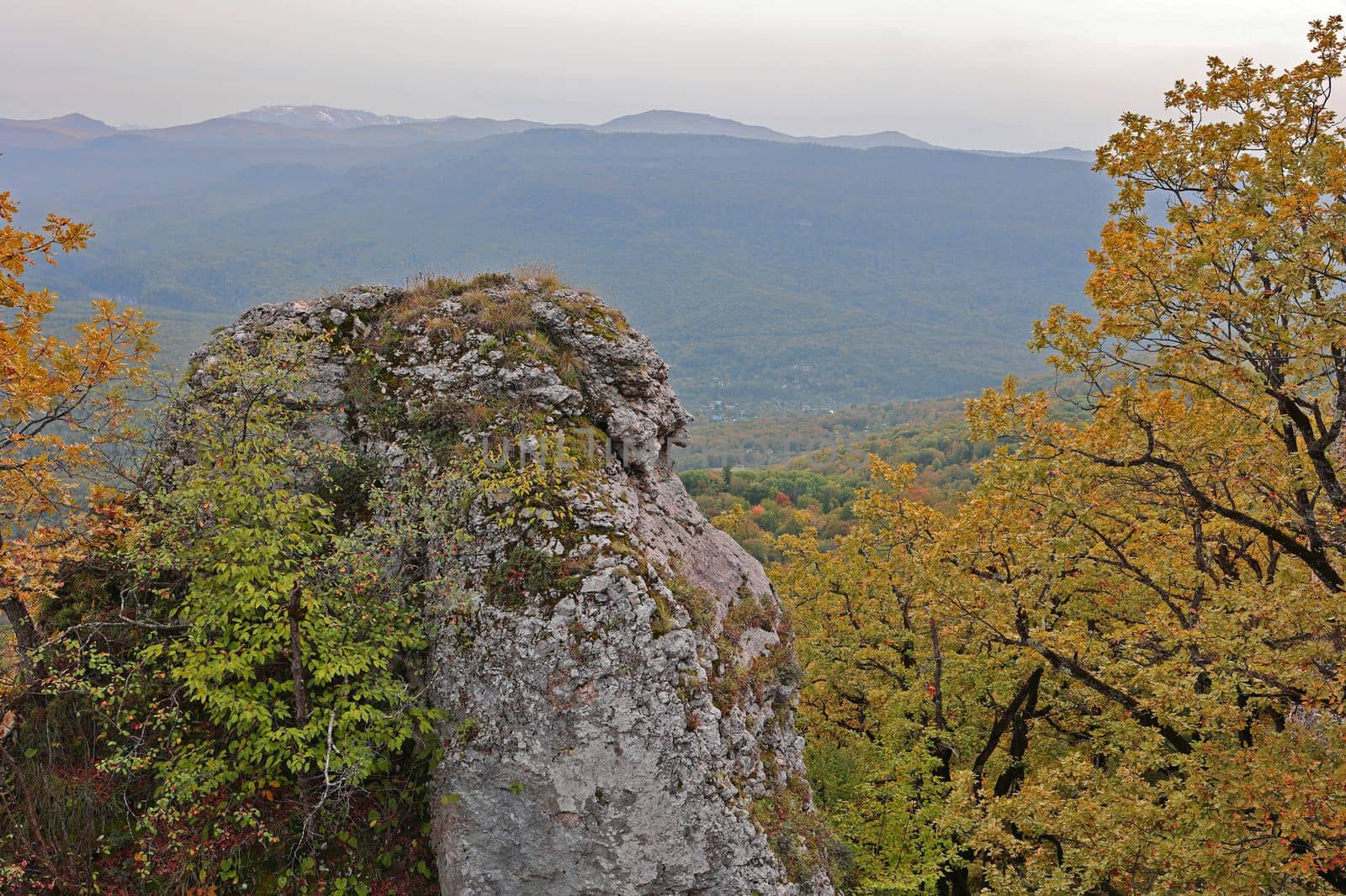 Landscape of hills in autumn colors. Mezmai, Krasnodar region, Russia.