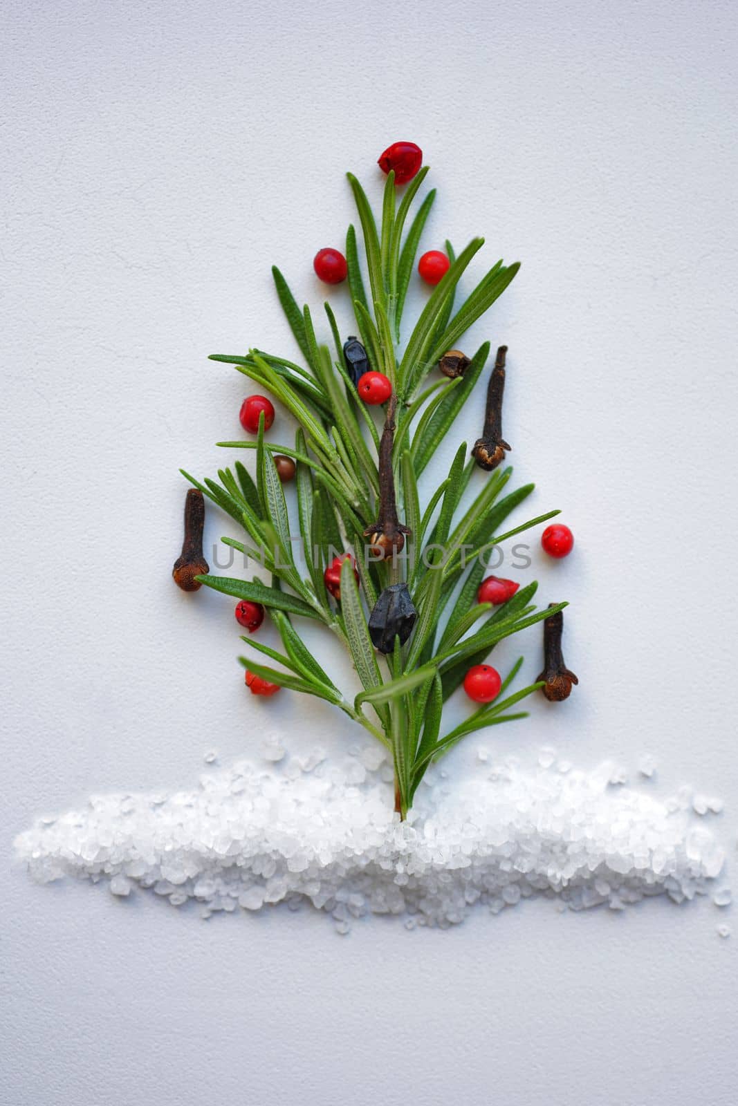 Food Christmas background with green Rosemary twigs as Christmas tree. Minimalist Flat lay of herbs and spices in shape of a Christmas tree, Top view, Christmas concept.