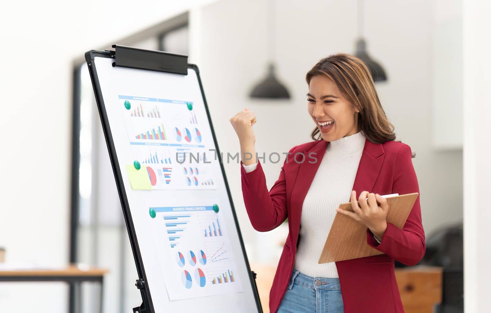 Young businesswoman presentation marketing and profit with confident at office, investment and seminar for planning of finance, business woman standing explaining chart and graph.