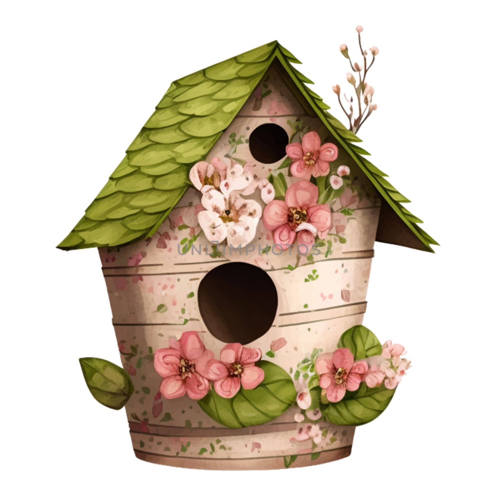 Watercolor Illustration of spring love bird house with cute flowers and leaves