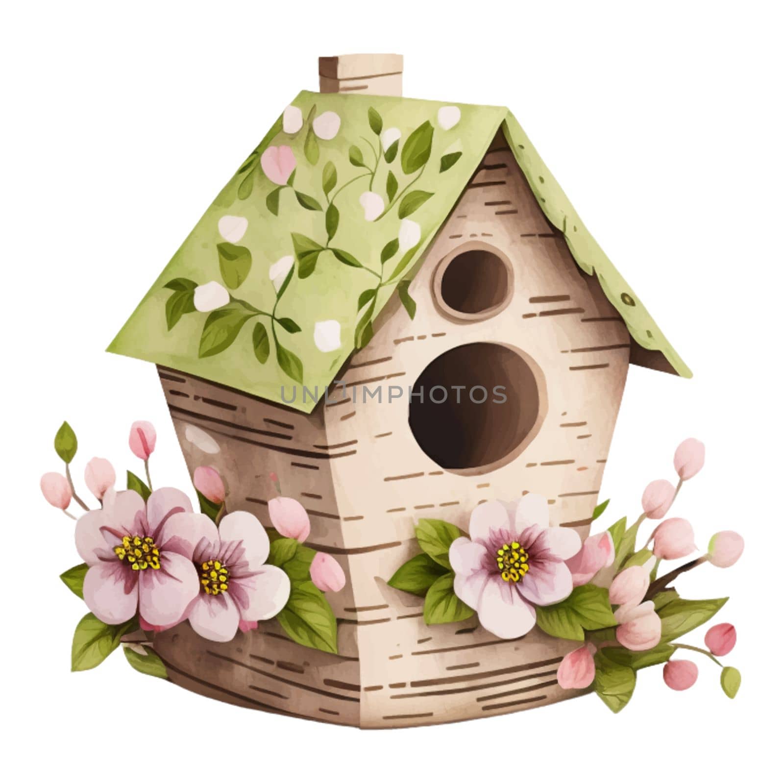 Watercolor Illustration of spring love bird house with cute flowers and leaves