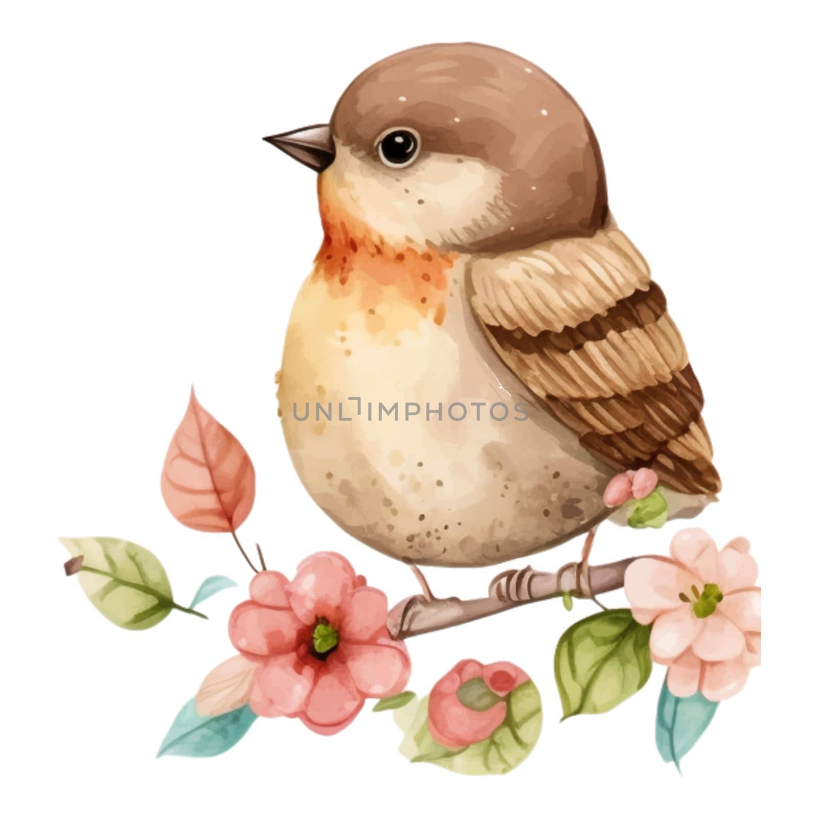 Spring Love Bird Watercolor Illustration. Tree branch with blossom flowers