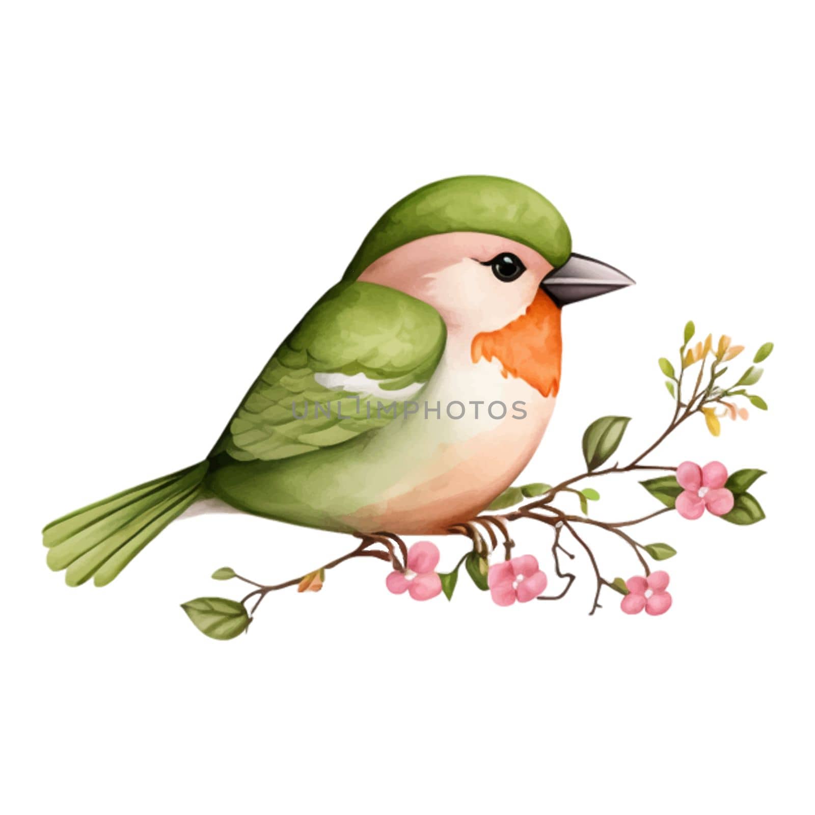 Spring Love Bird Watercolor Illustration. Tree branch with cherry blossom flowers