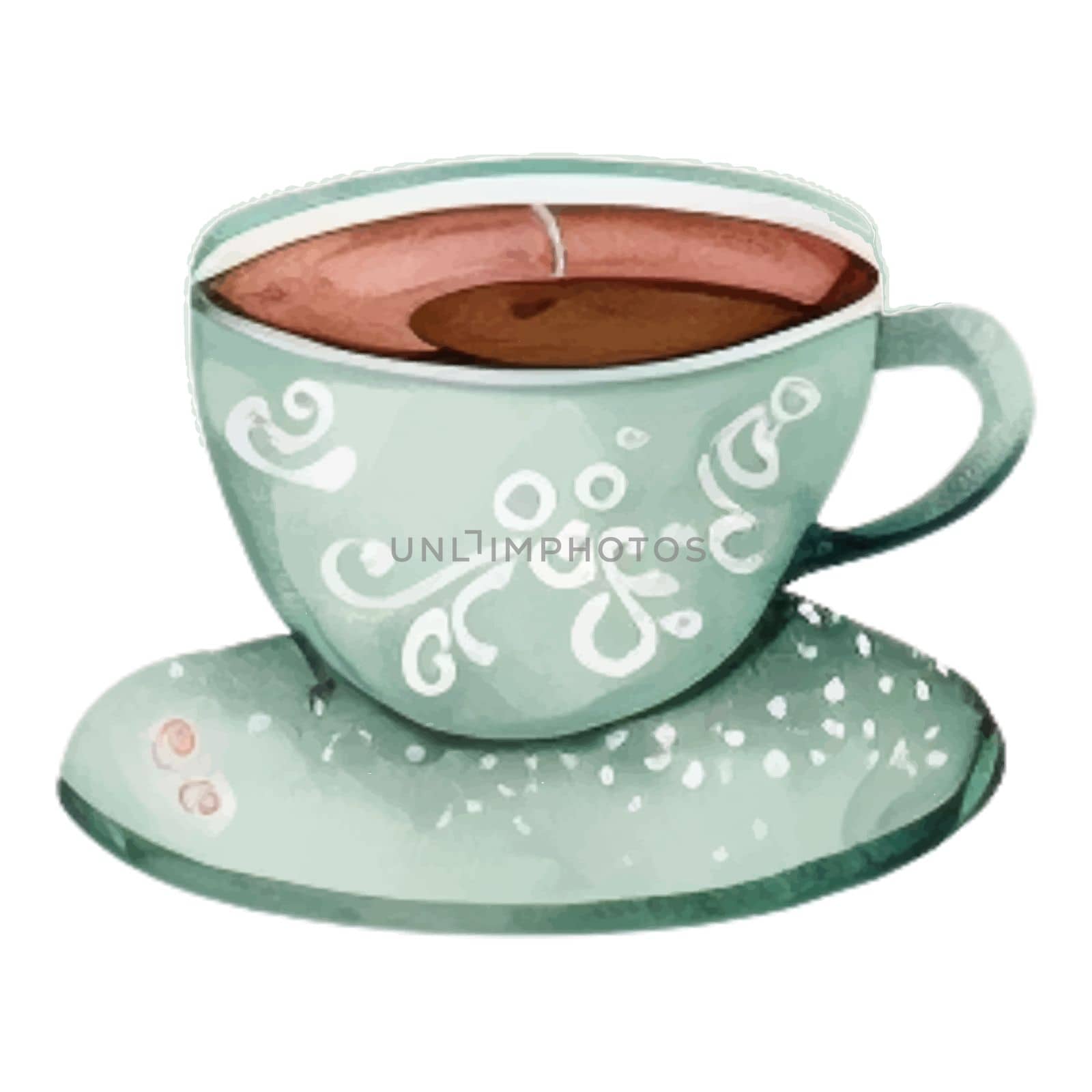 Spring Love Coffee Watercolor Illustration. Green lovely coffee cup. Hot chocolate.