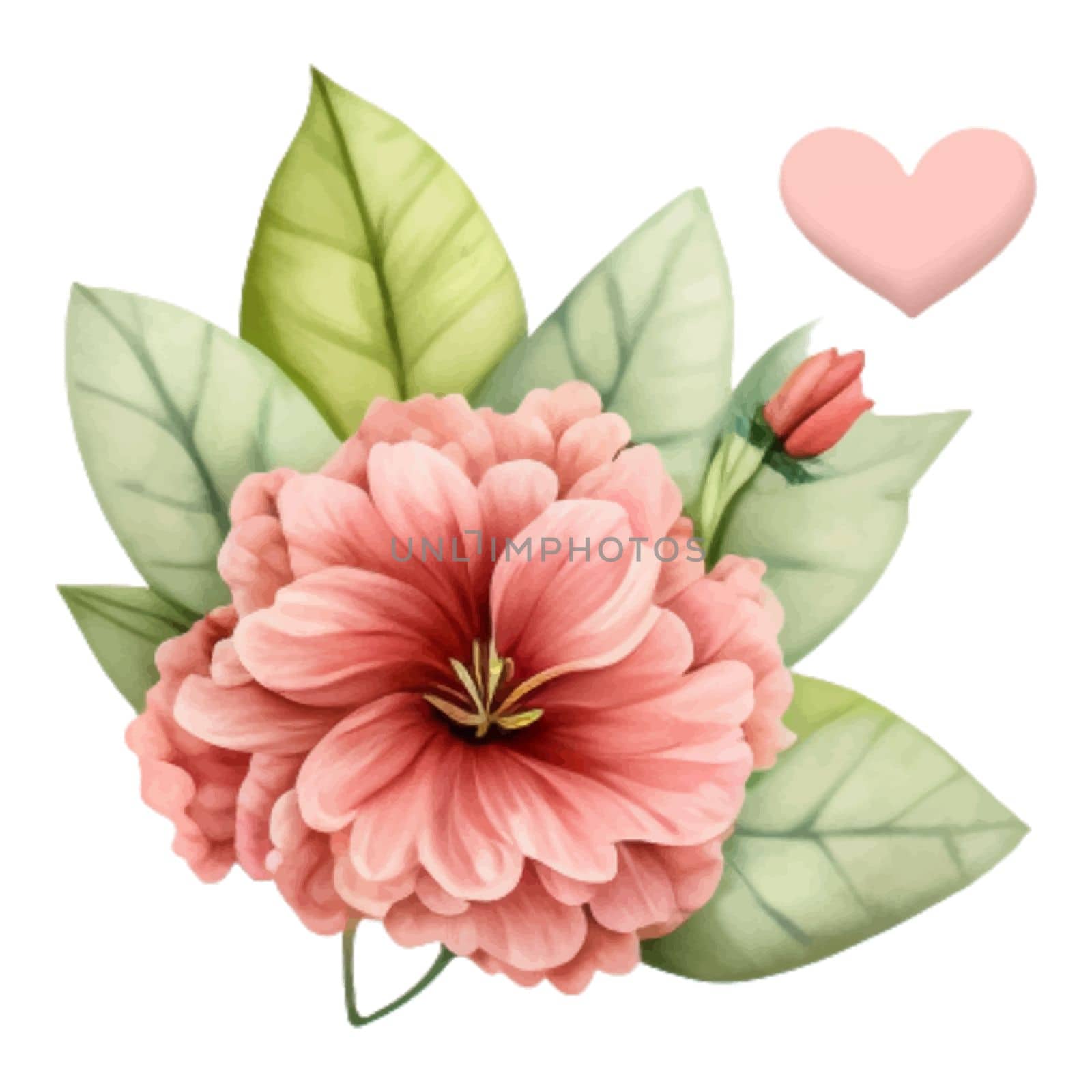 Spring Love Flowers Watercolor Illustration. Lovely Pink Pastel Flowers Spring decoration watercolor design elements.