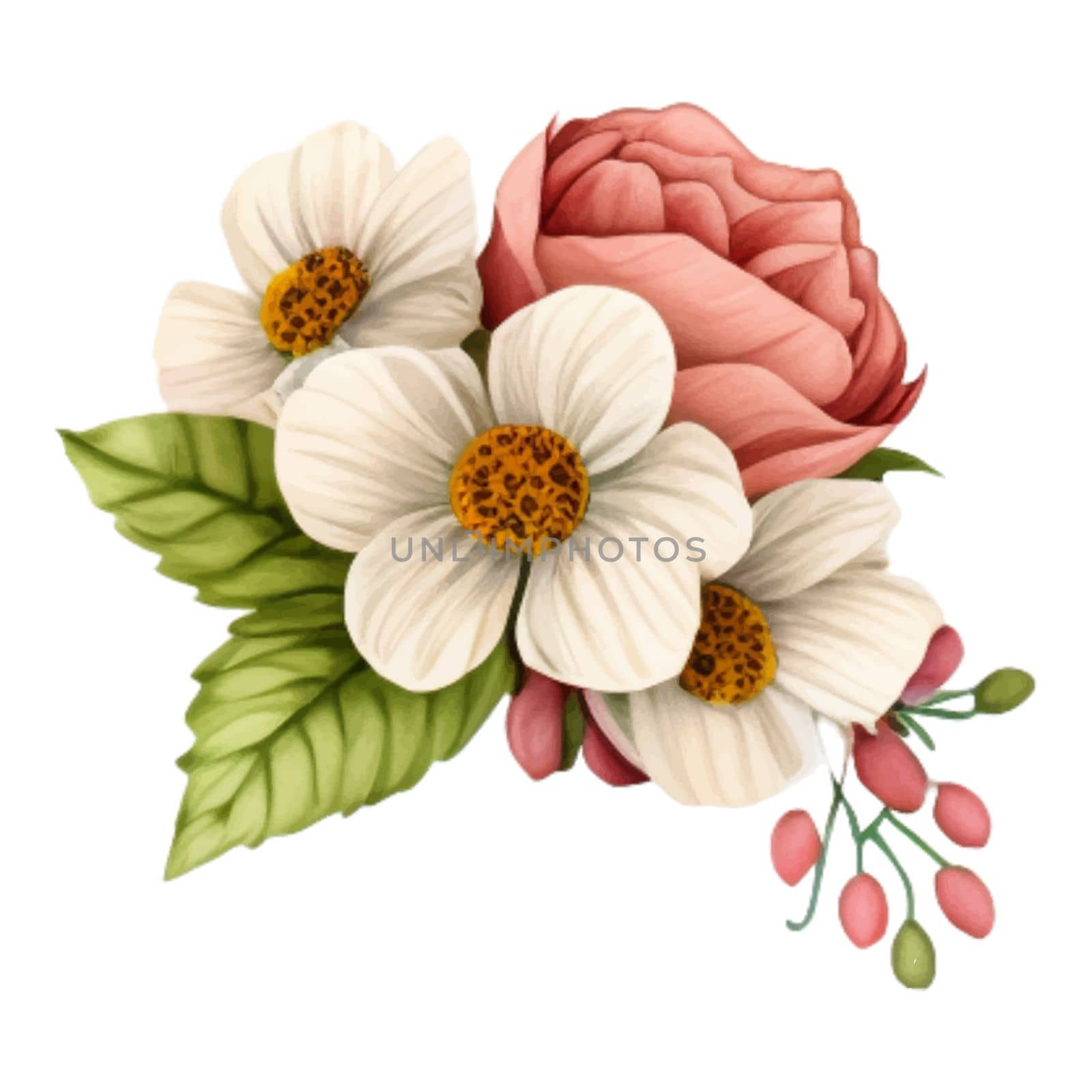 Spring Love Flowers Watercolor Illustration. Lovely Pink Pastel Flowers Spring decoration watercolor design elements.