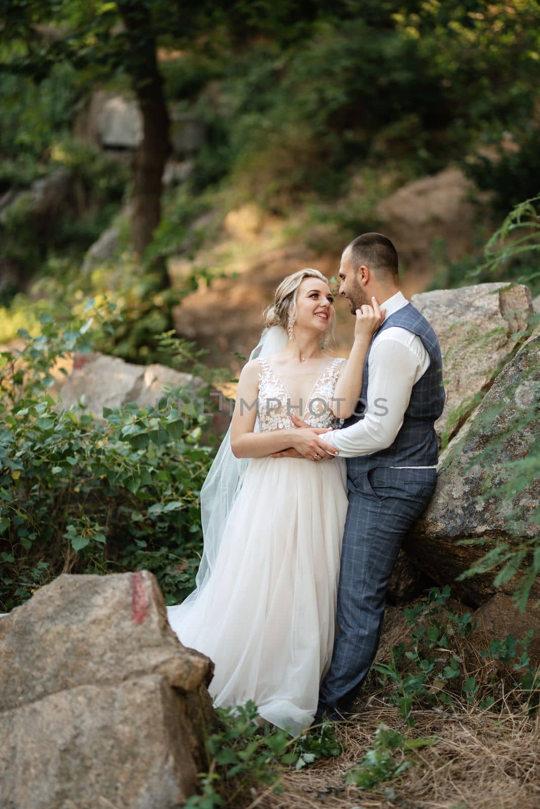 the groom and the bride are walking in the forest on a bright day