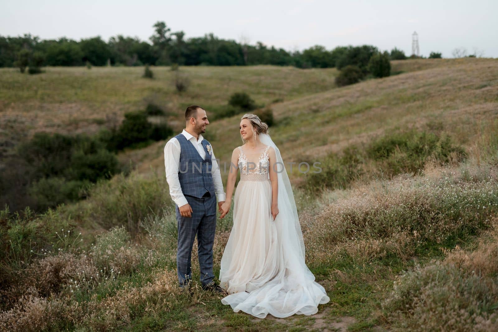 bride blonde girl and groom in a field at sunset light