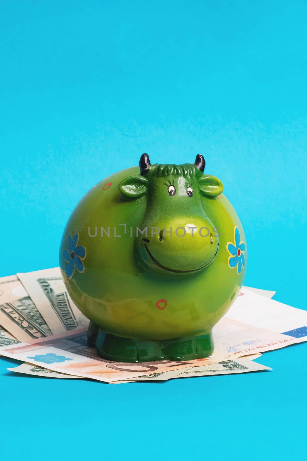 Cow money box cow on the spread out money on blue background