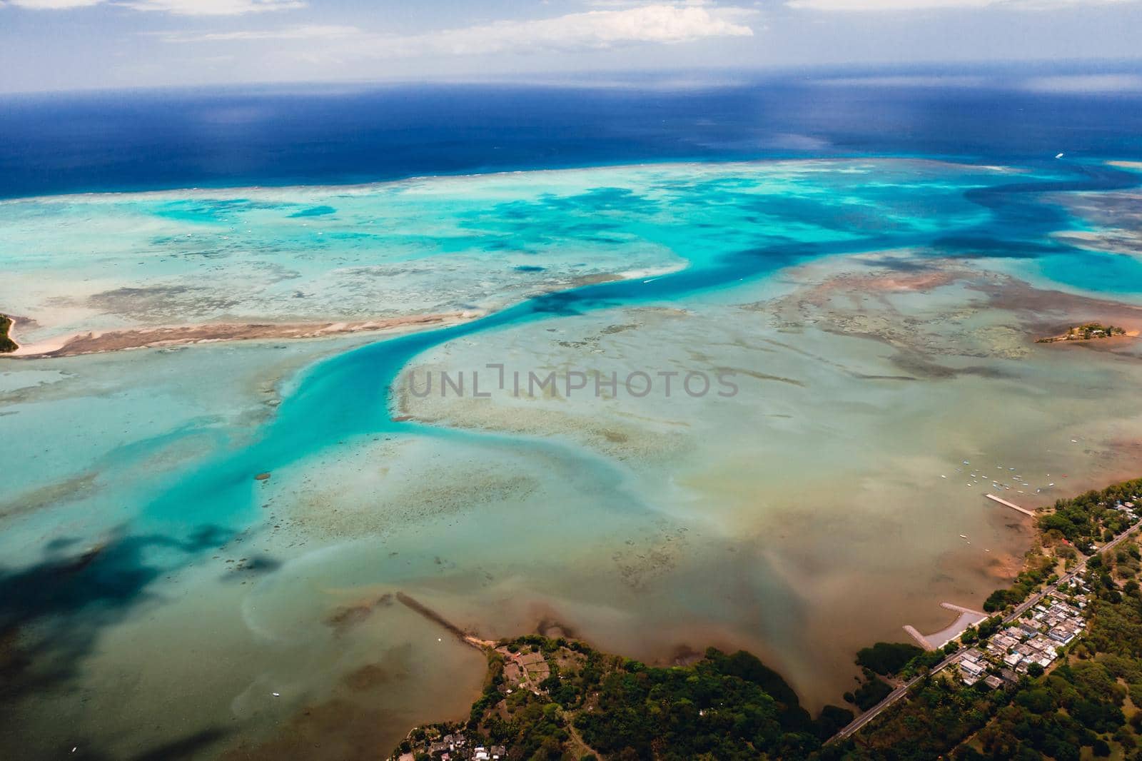 The view from the bird's eye view on the coast of Mauritius. Amazing landscapes of Mauritius.Beautiful coral reef of the island by Lobachad