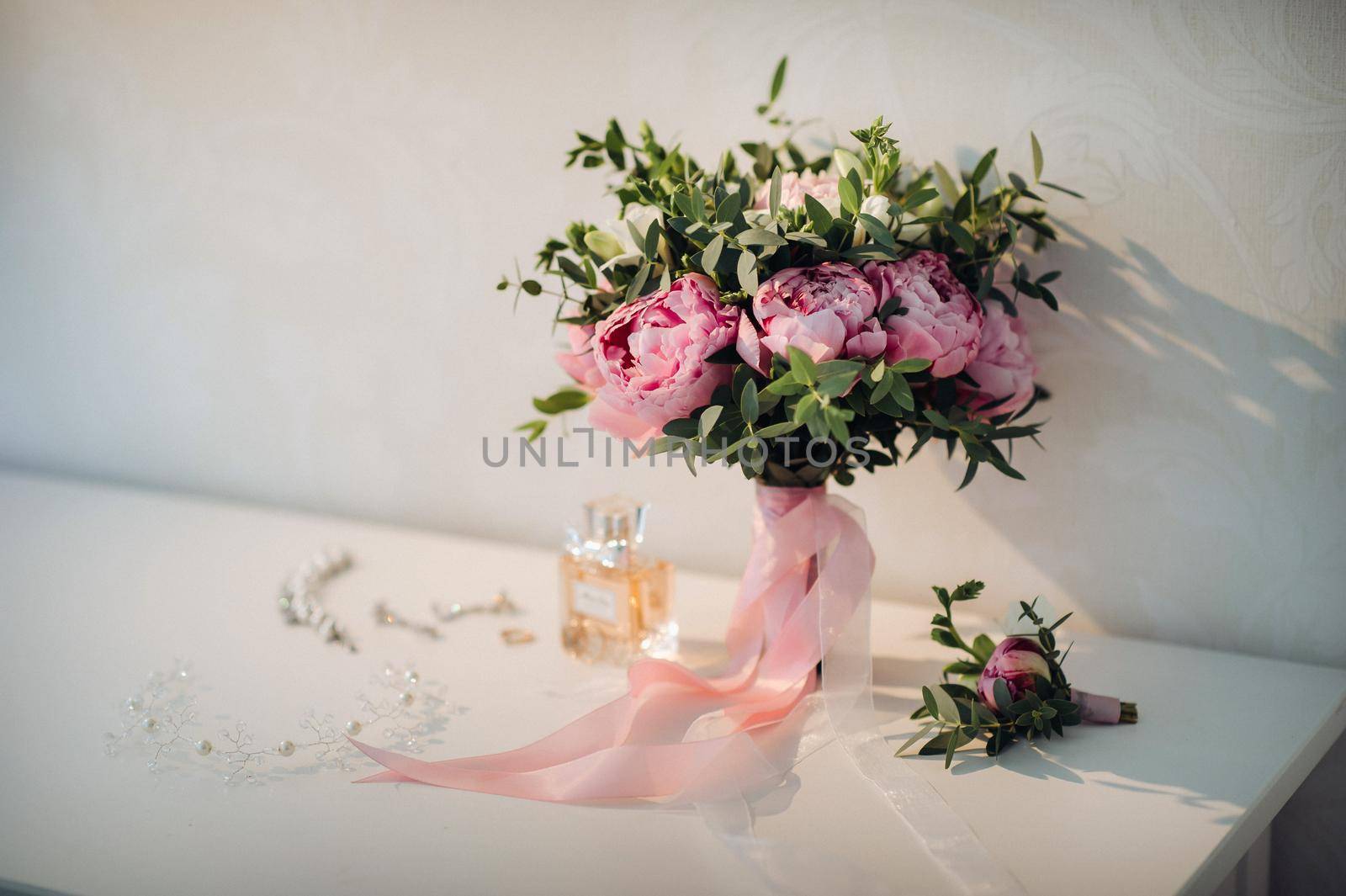 wedding bouquet with peonies at the wedding.Beautiful bouquet of flowers.