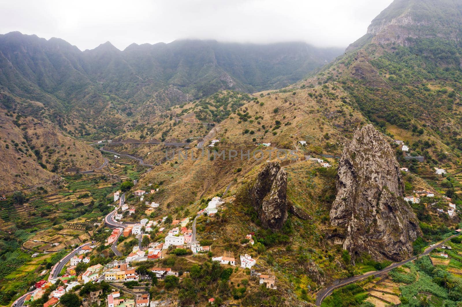 Panoramic view of the mountains on the island of La Gomera, Canary Islands, Spain.Beautiful landscape of the island of Gomera.