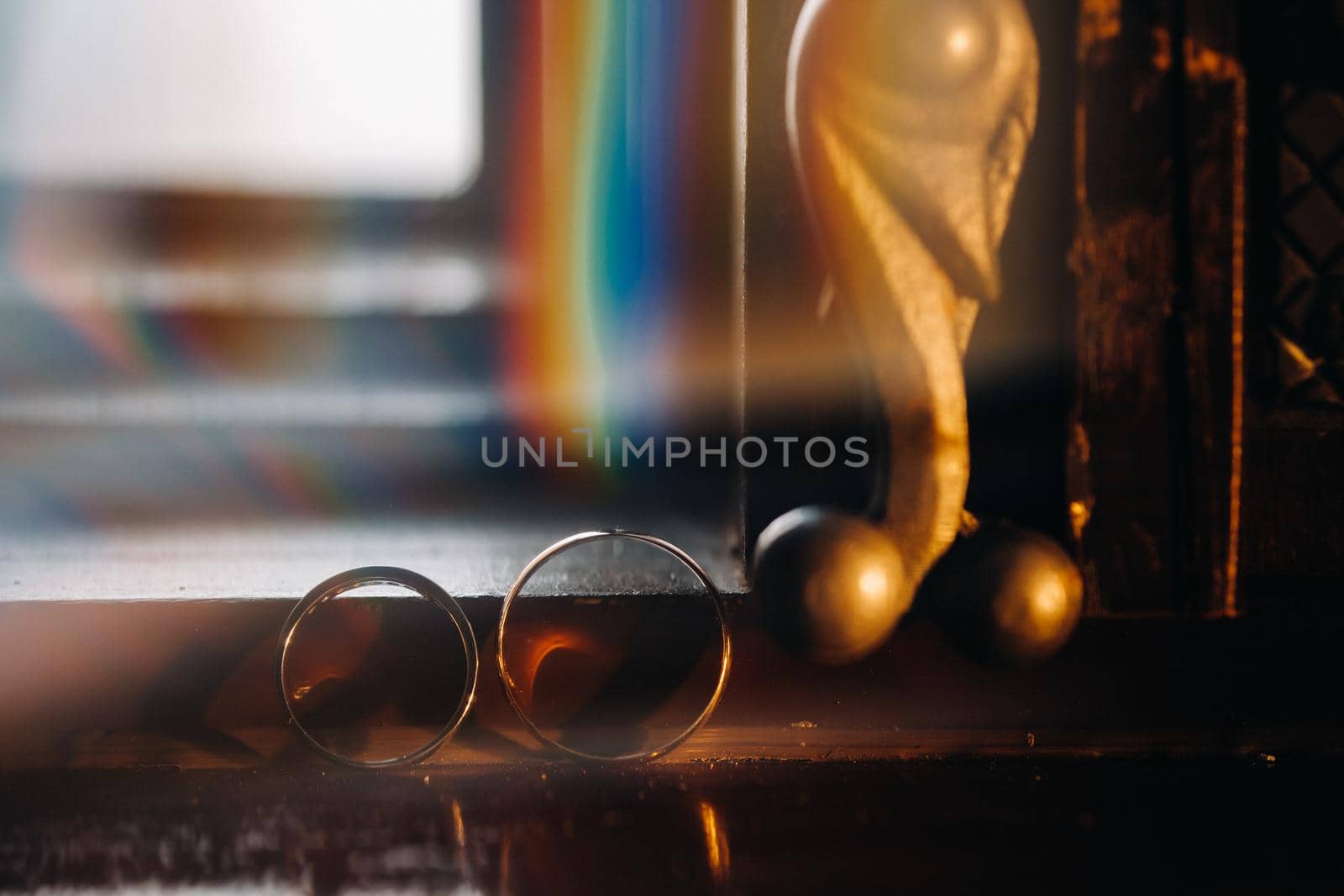 Close-up of two gold wedding rings for a wedding.