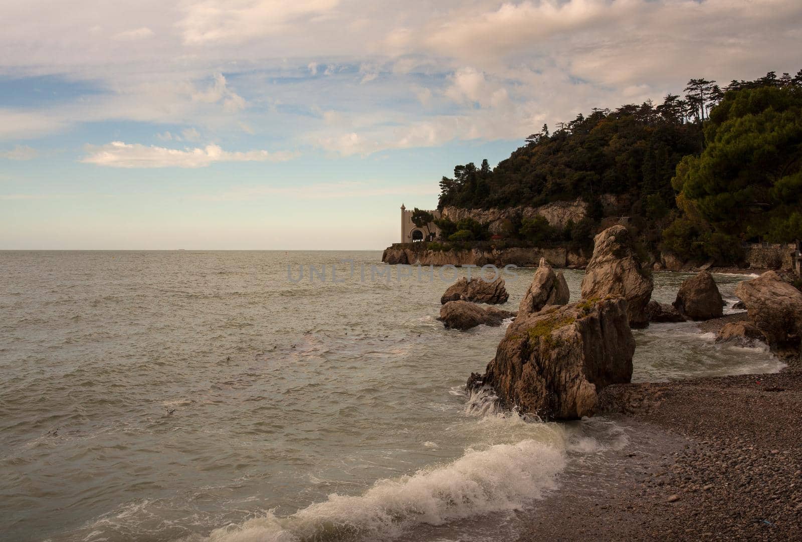 View of the Trieste sea, Miramare castle on background