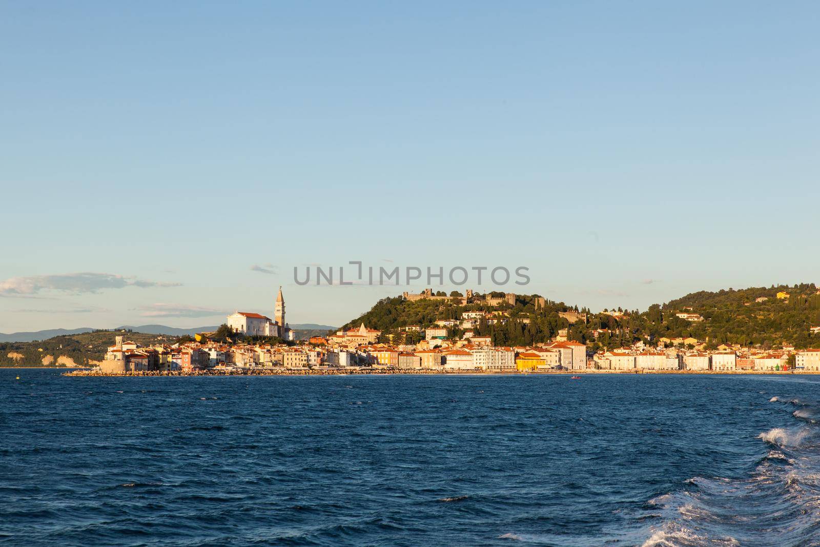 View of Piran little town in Slovenia from sea