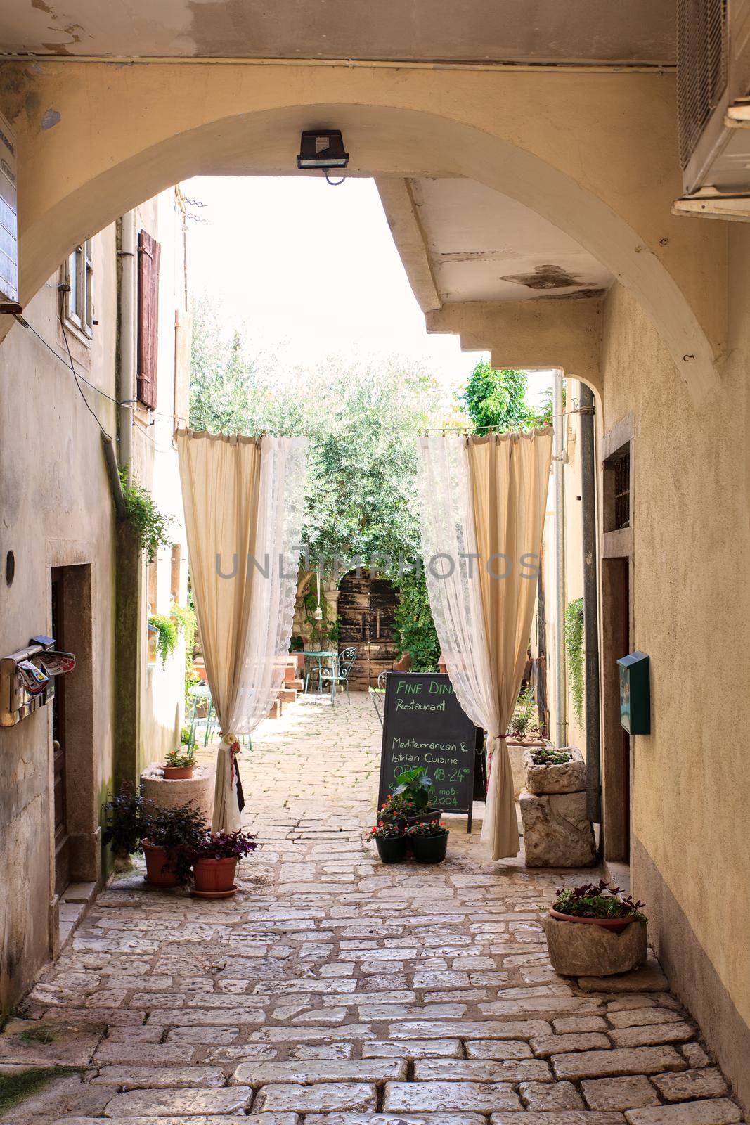 Courtyard in the Porec old town, Istria. Croatia