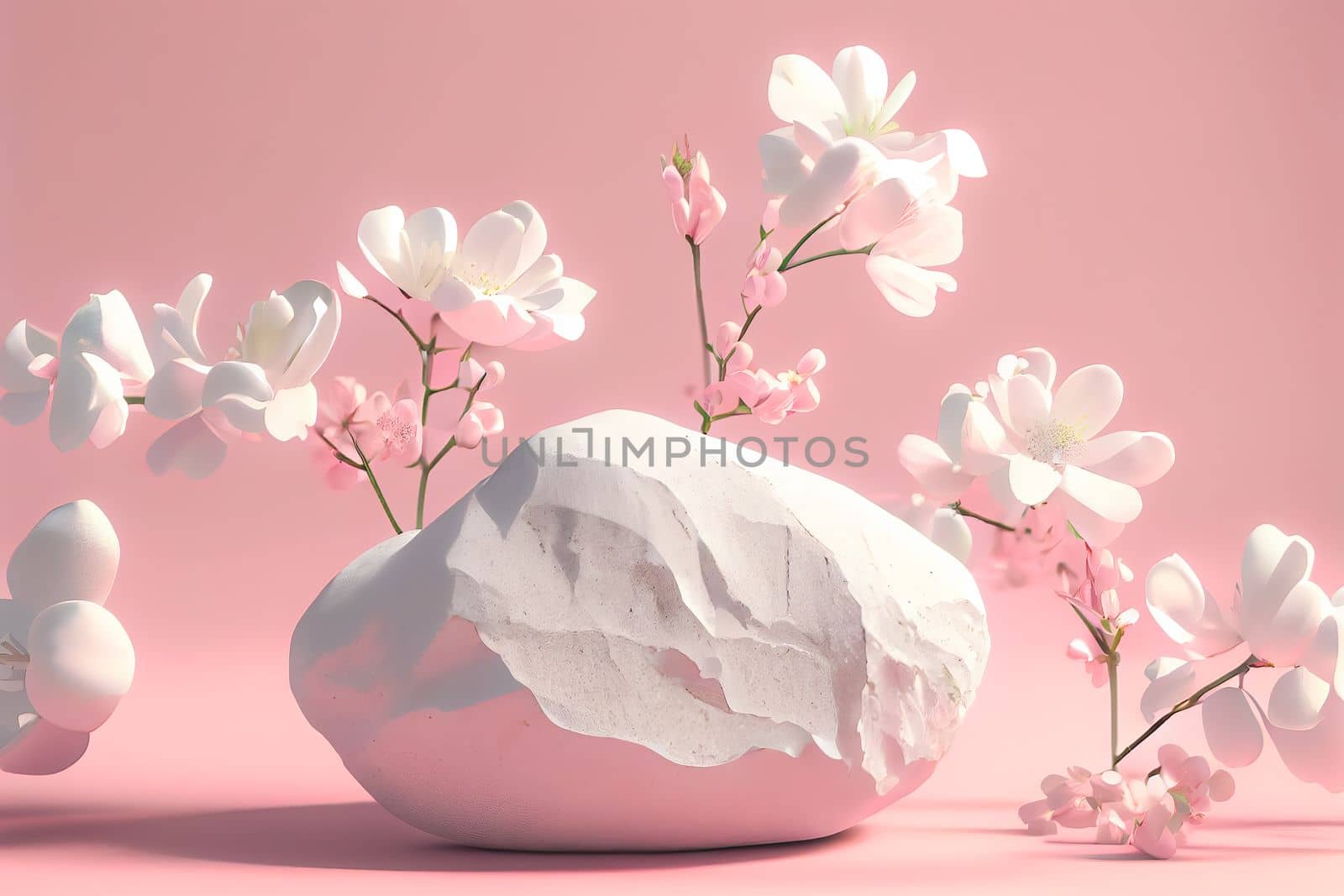 3D render of white stones with blossom flowers on pink background. Panoramic banner background with copy space.