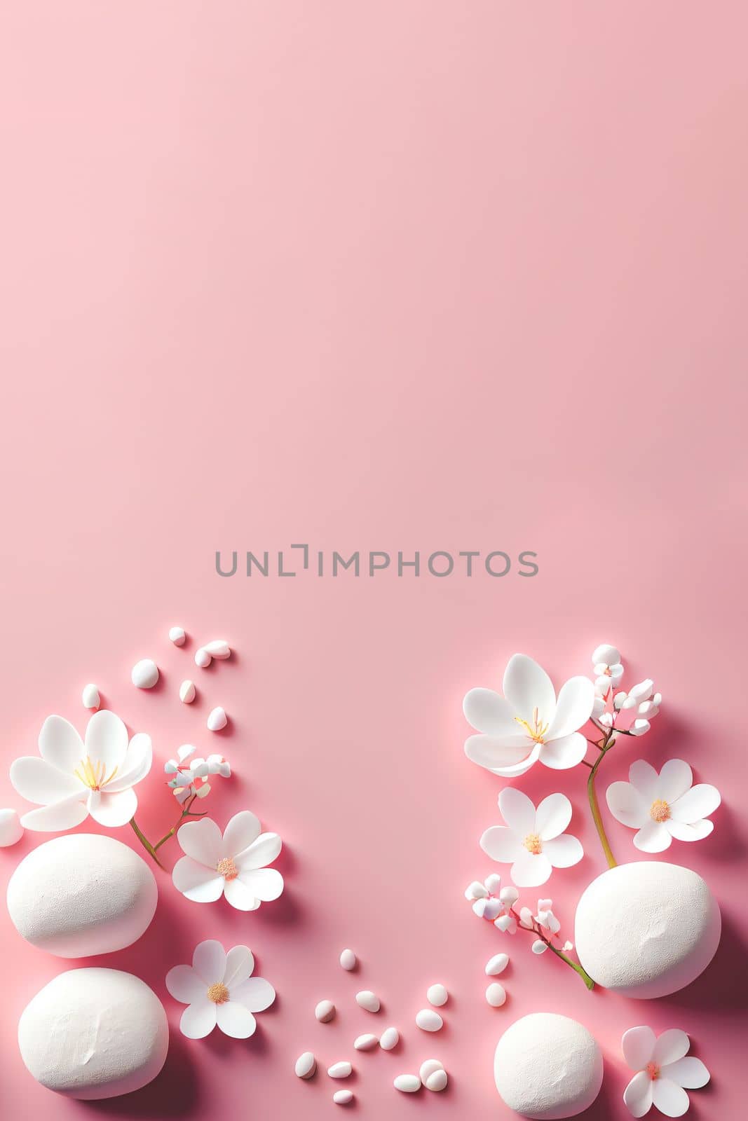 3D render of white stones with blossom flowers on pink background. Panoramic banner background with copy space.