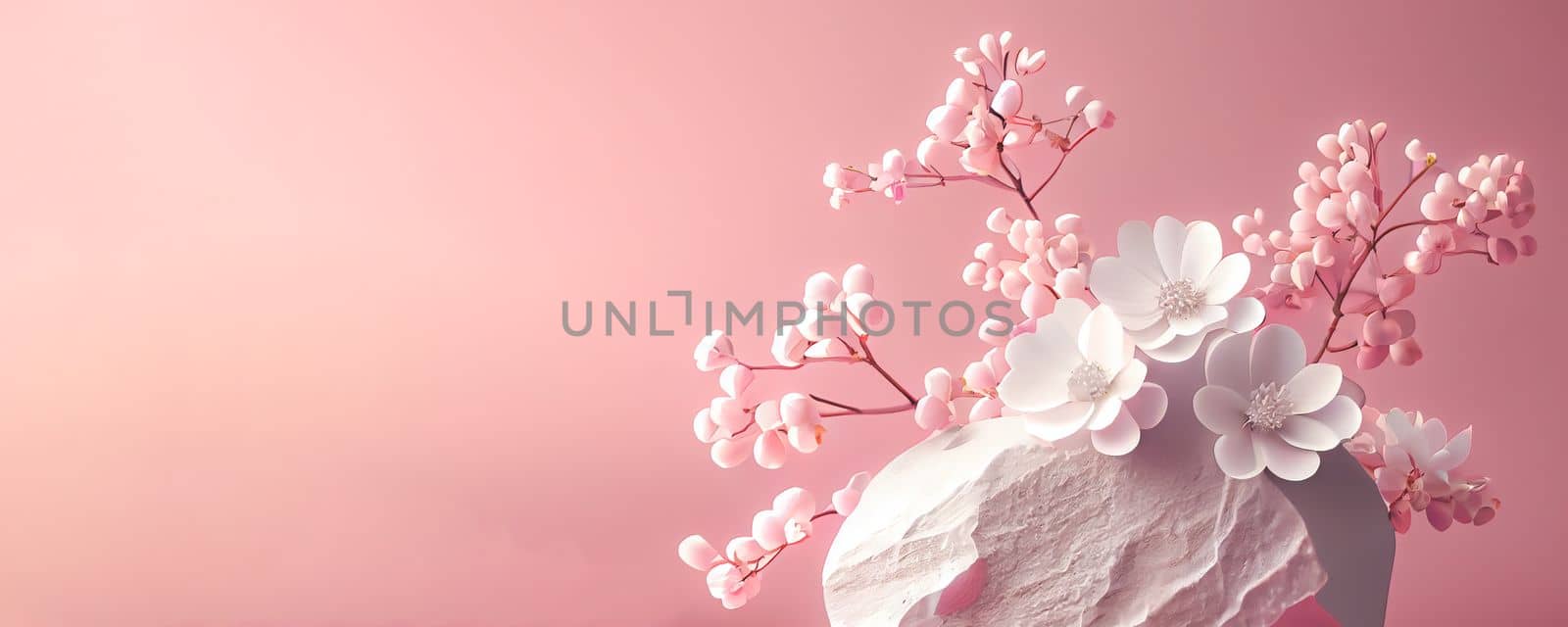 3D render of white stones with blossom flowers on pink background. Panoramic banner background with copy space.