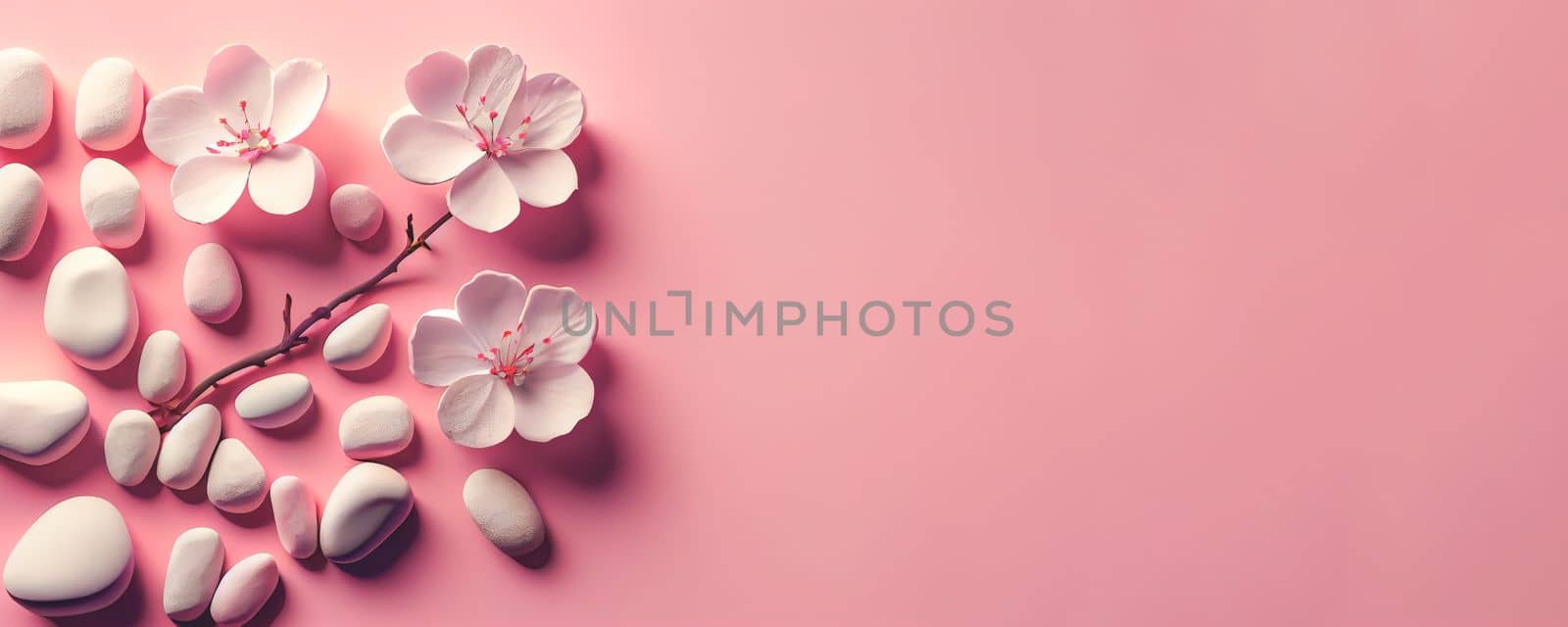 White stones with blossom flowers on pink background. Panoramic banner background with copy space. by FokasuArt