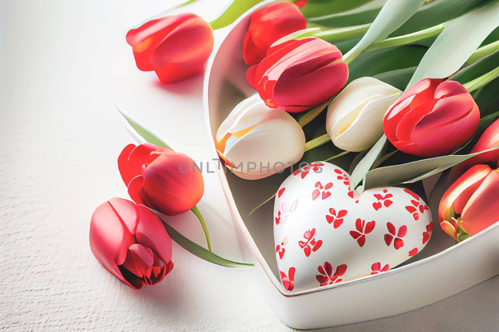 Spring flat lay. Pink tulips on white background, space for text. Stylish soft spring image. Floral Greeting card mockup. Happy Valentine Day