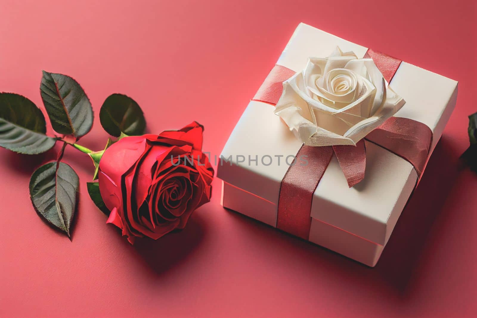 Present wrapped in red bow with single elegant rose resting on top, set against bright red background, conveying the theme of the Valentine's Day.
