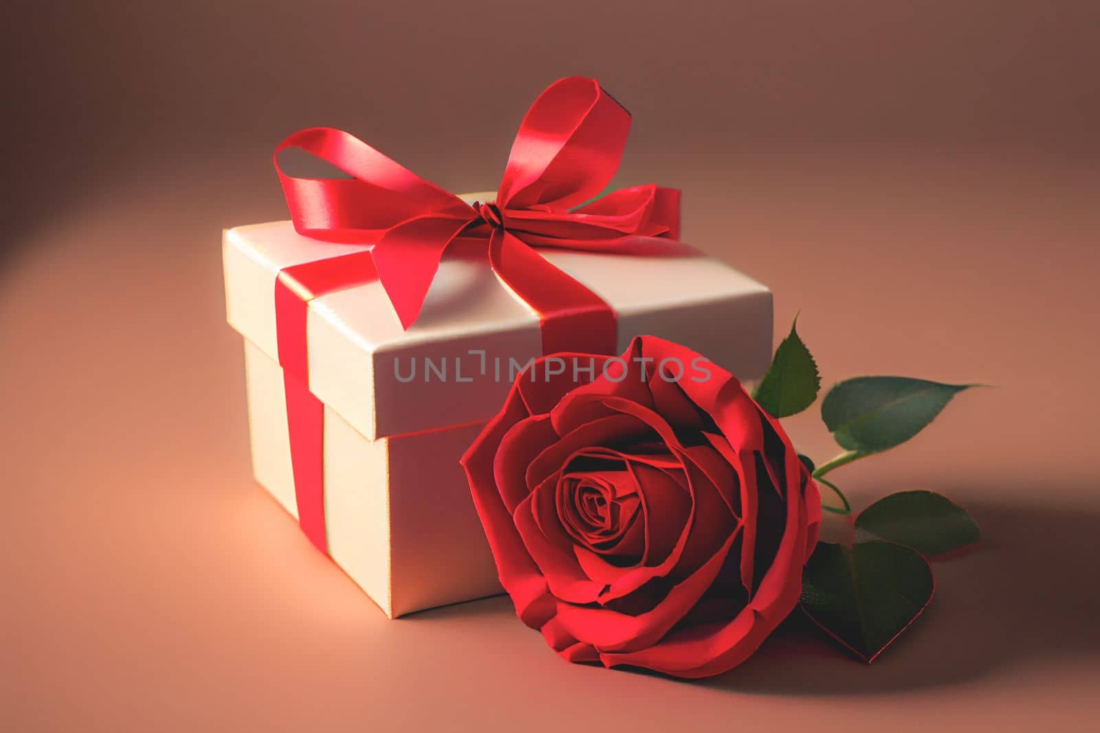 Present wrapped in red bow with red rose on red background by FokasuArt