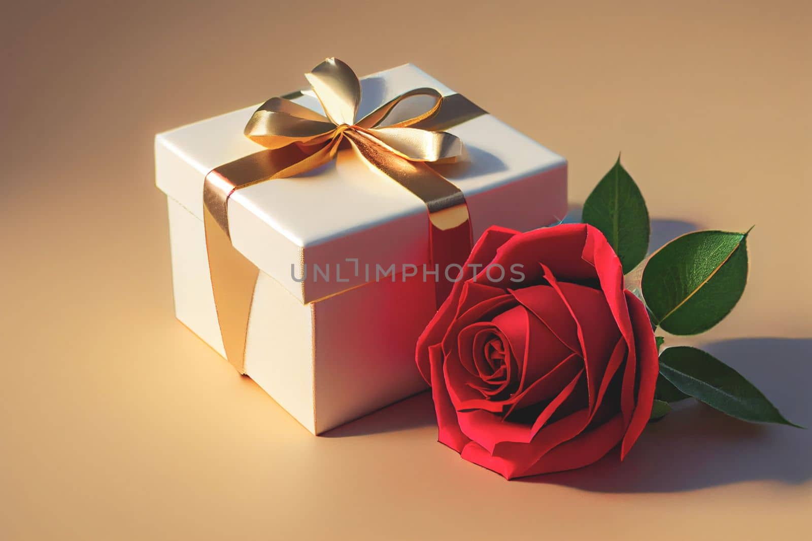 Present wrapped in red bow with single elegant rose resting on top, set against bright red background, conveying the theme of the Valentine's Day.