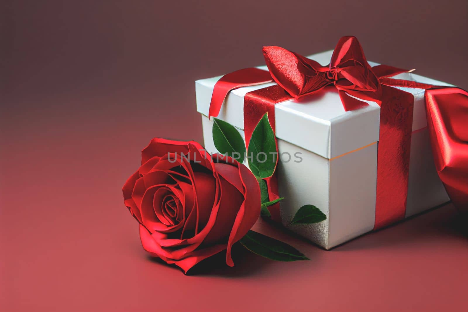 Present wrapped in red bow with red rose on red background by FokasuArt