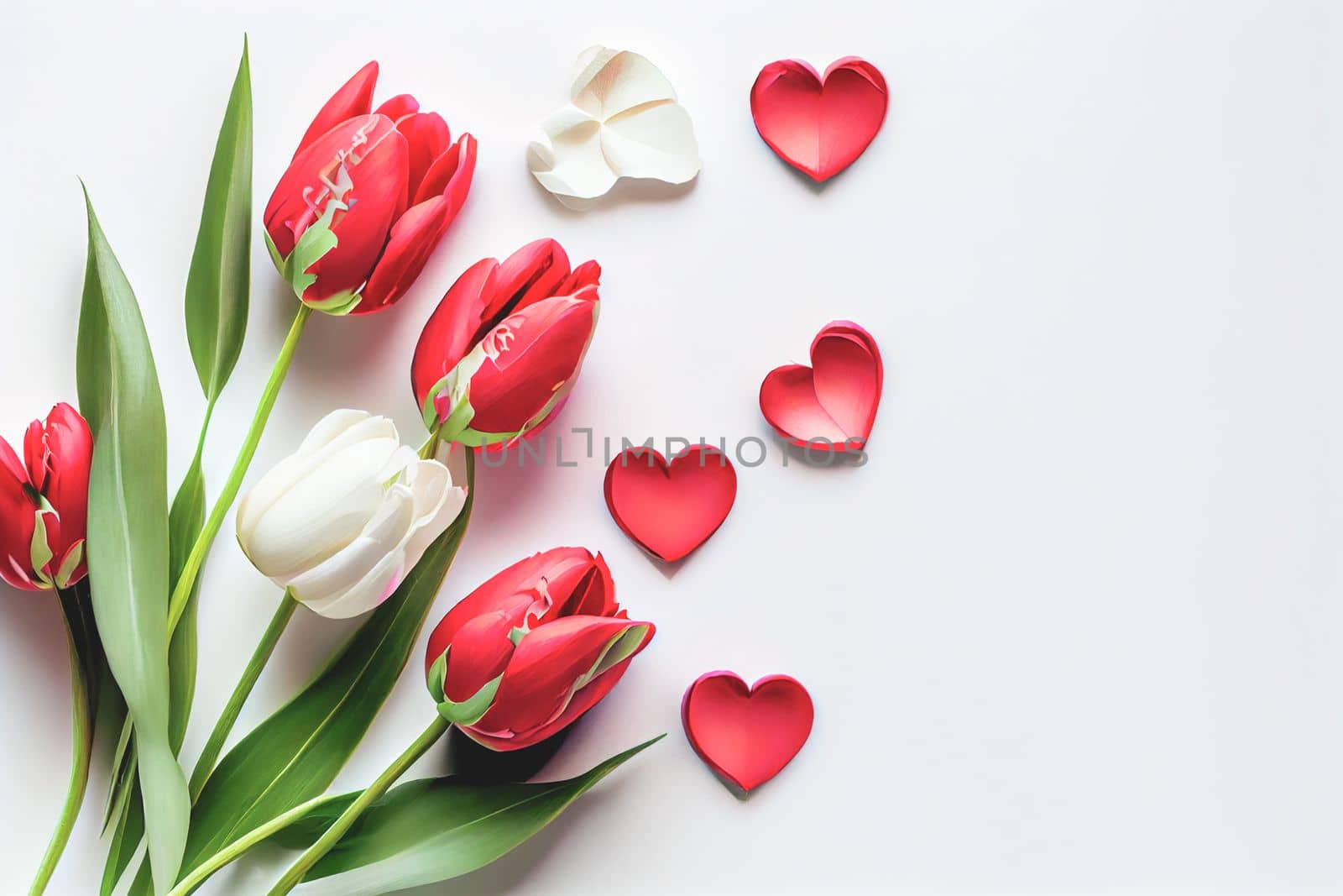 Spring flat lay. Pink tulips on white background, space for text. Stylish soft spring image. Floral Greeting card mockup. Happy Valentine Day