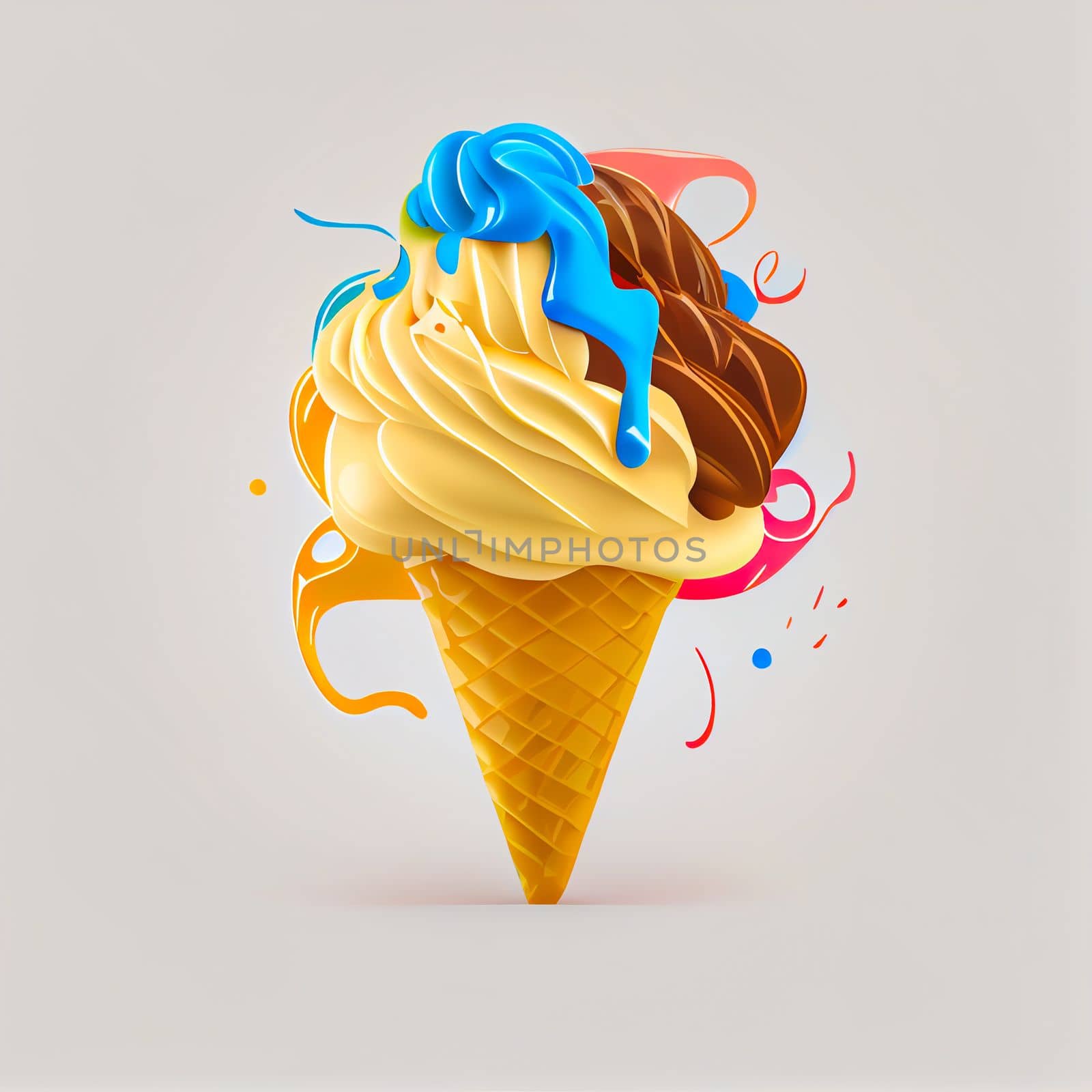 Melting ice cream balls in the waffle cone isolated on background. 3D Illustration flat icon. by FokasuArt