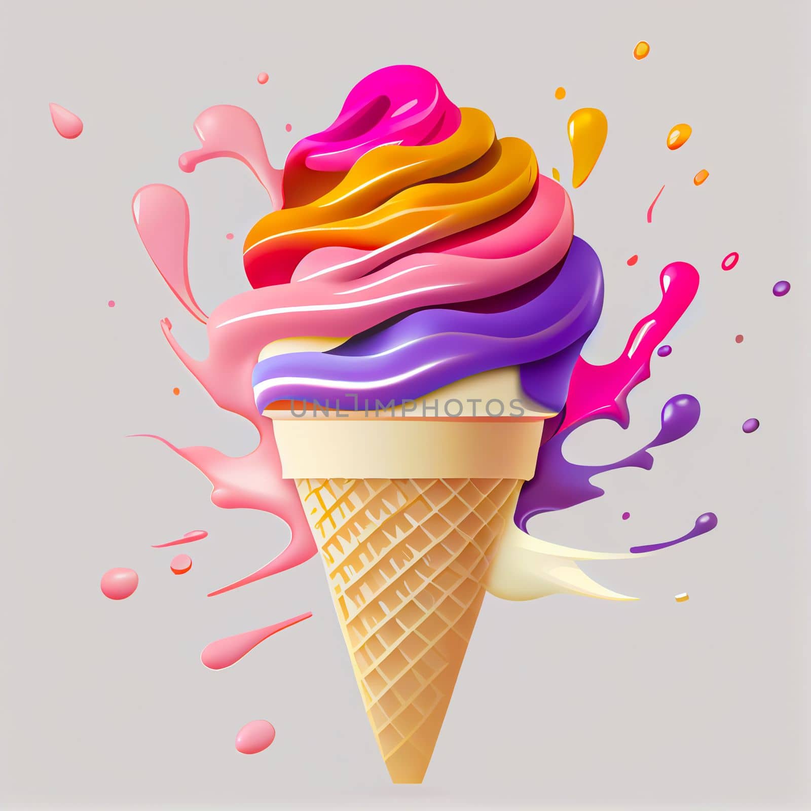 Melting ice cream balls in the waffle cone isolated on background. 3D Illustration flat icon. by FokasuArt