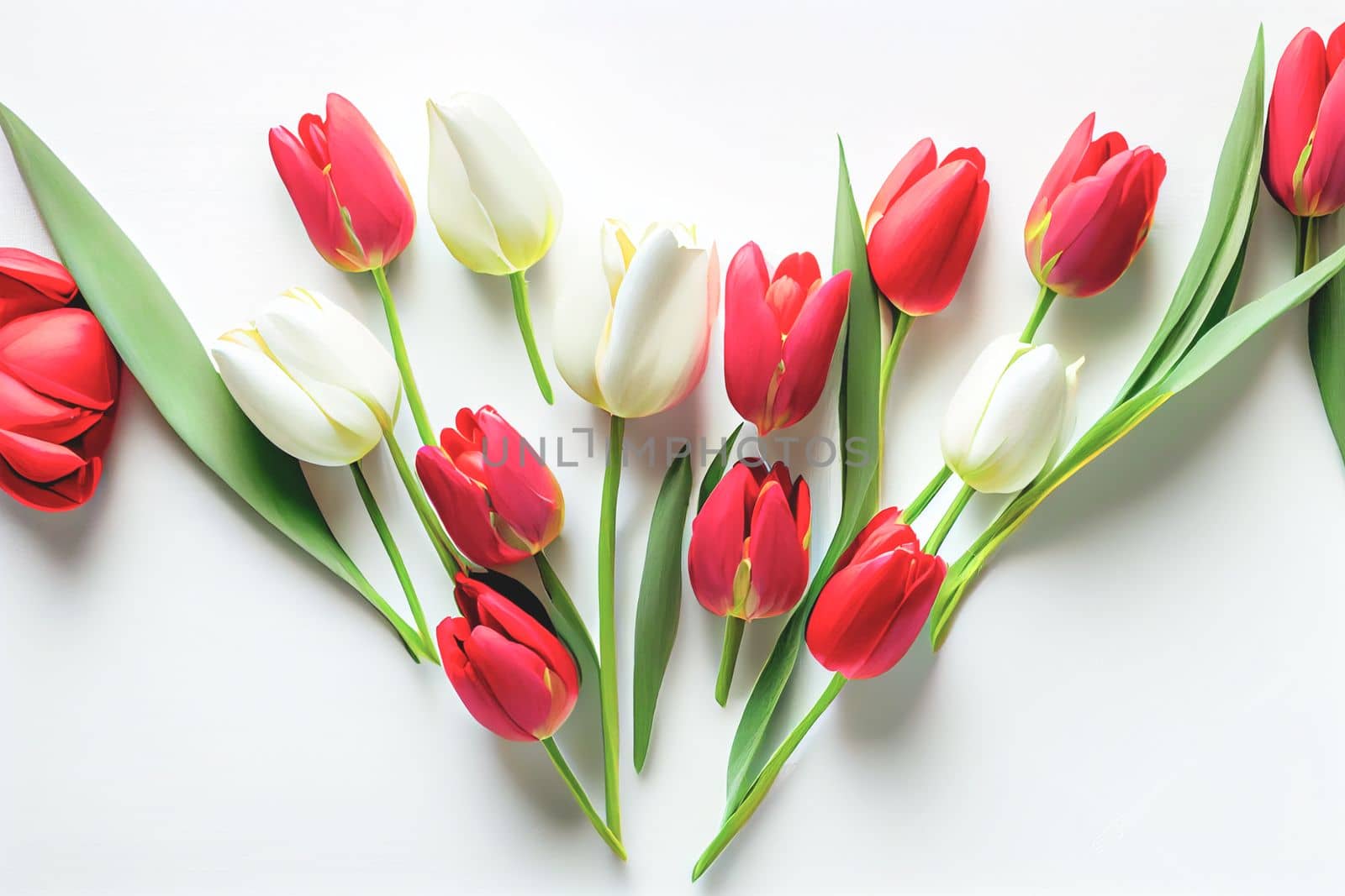 Spring flat lay. Pink tulips on white background, space for text. Stylish soft spring image. Floral Greeting card mockup. Happy Valentine Day