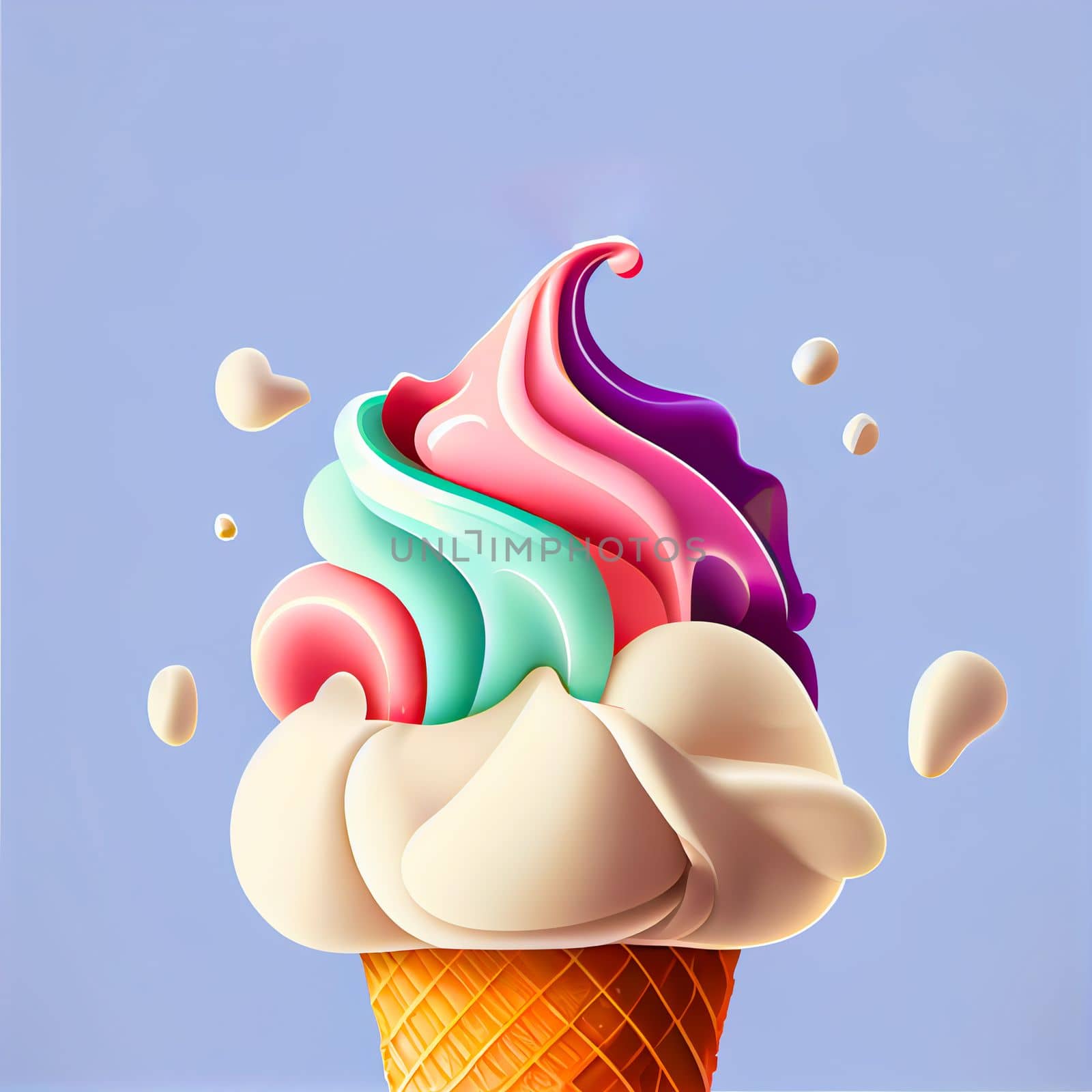 Melting ice cream balls in the waffle cone isolated on background. 3D Illustration flat icon. Comic character in cartoon style illustration for t shirt design.