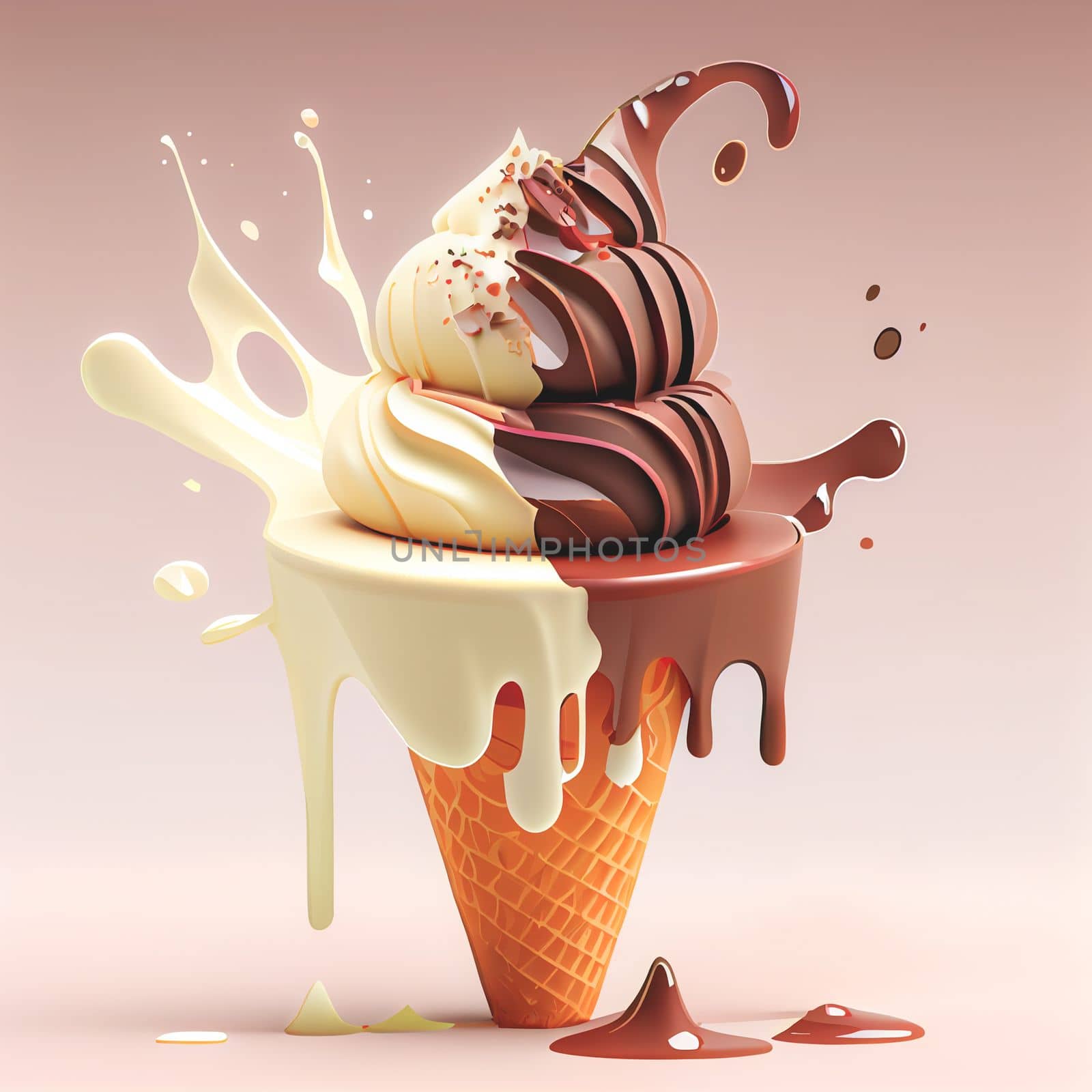 Melting ice cream balls in the waffle cone isolated on background. 3D Illustration flat icon. by FokasuArt