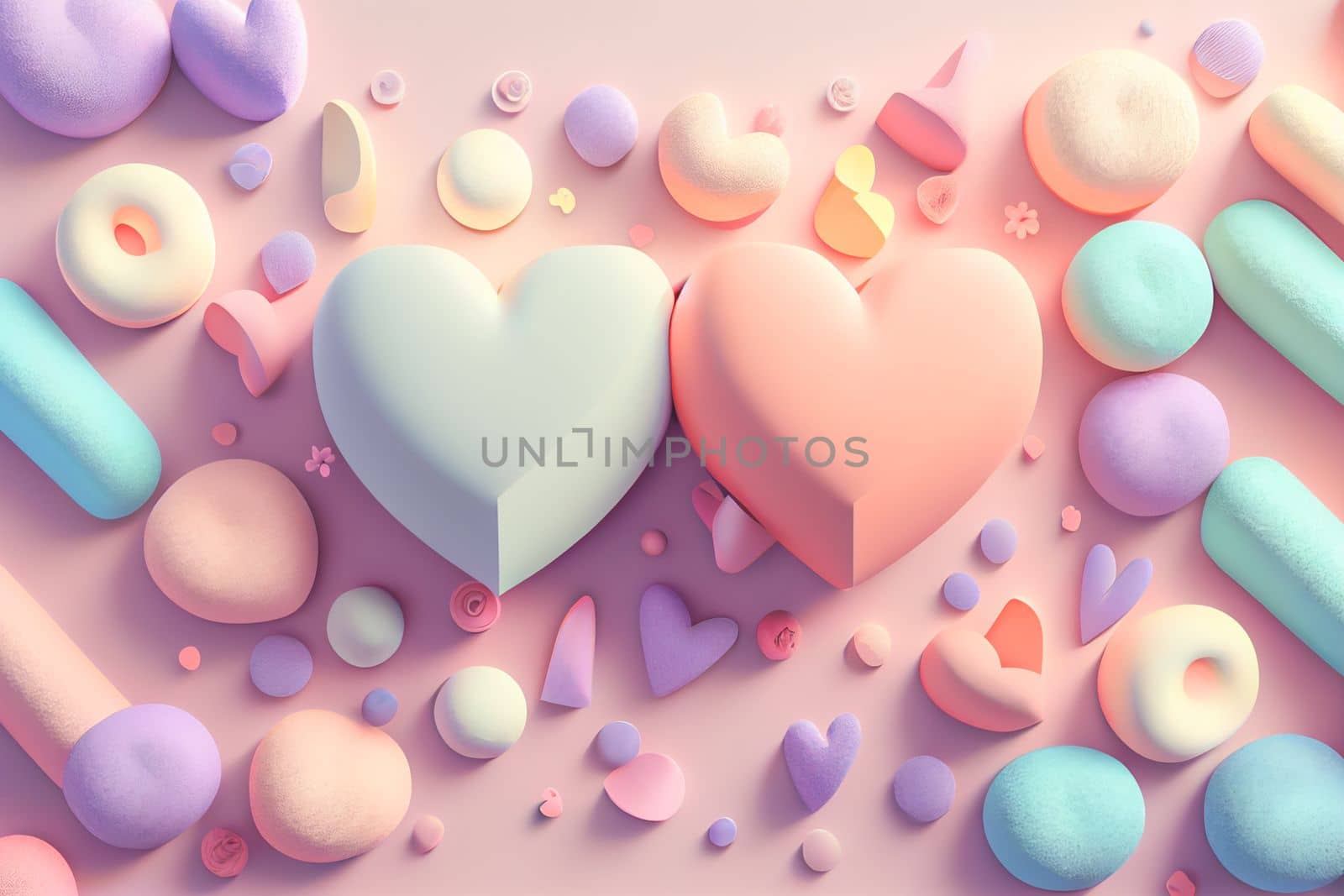 Holiday Greeting Card for Valentine Day with pastel background. Love valentine concept 3d render. Romantic template for wedding. 