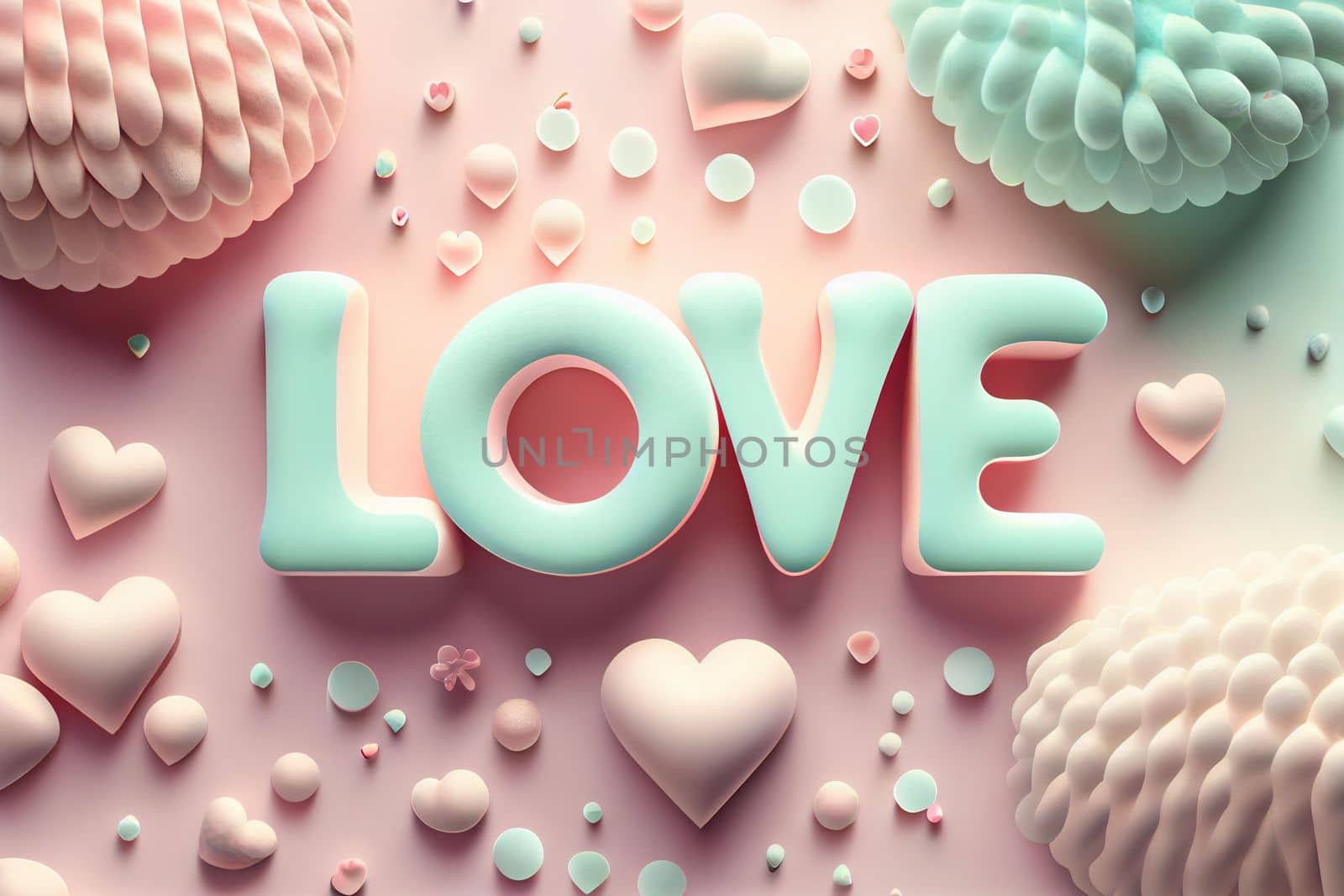 Holiday Greeting Card for Valentine Day with pastel background. Love valentine concept 3d render. Romantic template for wedding. 