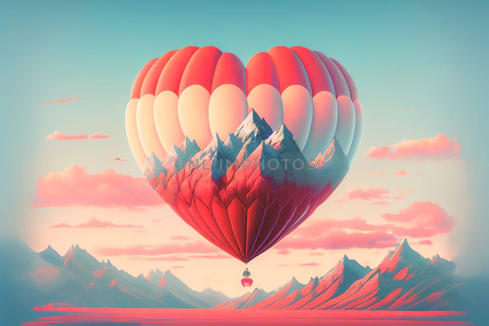 Beautiful air balloon heart shape against pink pastel sky in a sunny bright morning. Foggy mountains in the background. Romantic trip on Valentine Day.