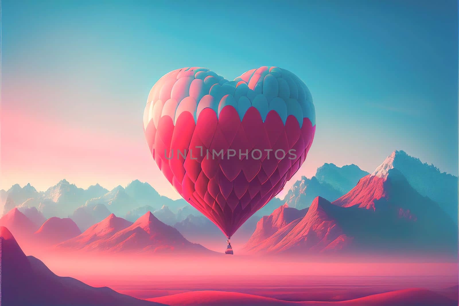 Beautiful air balloon heart shape against pink pastel sky in a sunny bright morning. Valentine Day. by FokasuArt