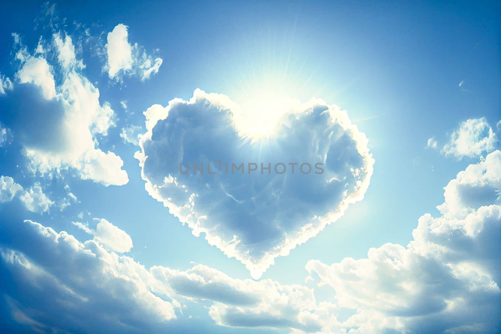 Heart shaped cloud on bright blue sky and white clouds.