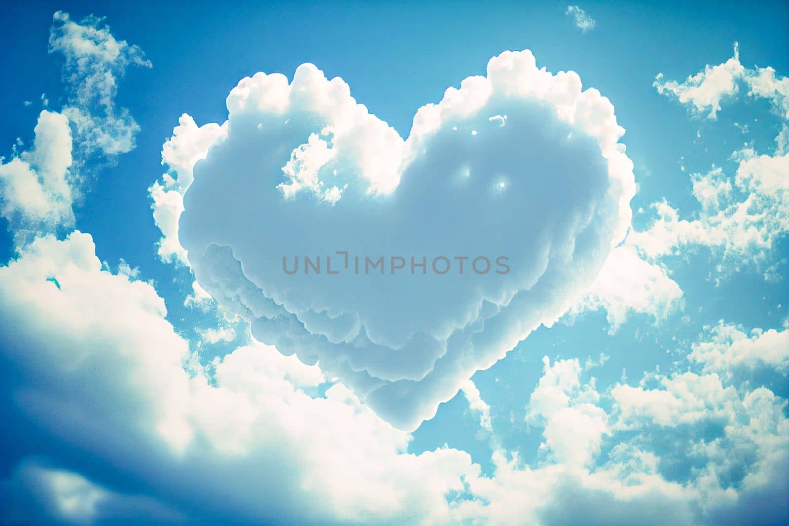 Heart shaped cloud on bright blue sky and white clouds.